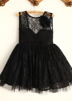 Black Lace Tulle V Back Knee Length Flower Girl Dress With Flower Black Lace Tulle V Back Knee Length Flower Girl Dress With Flower